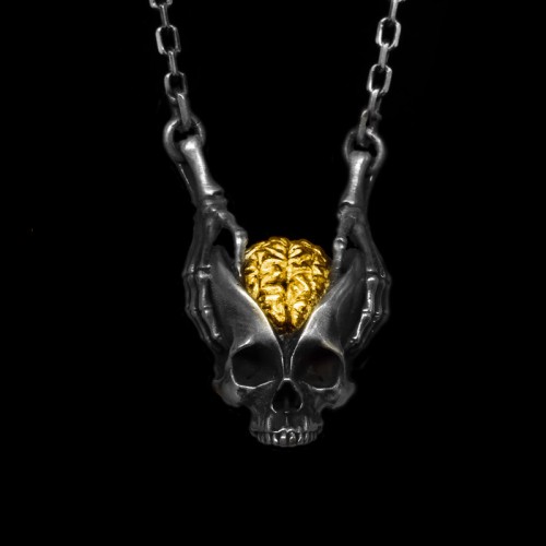 Brain of the God of Wisdom Gold Skull necklace 925 Sterling silver Skull pendant 