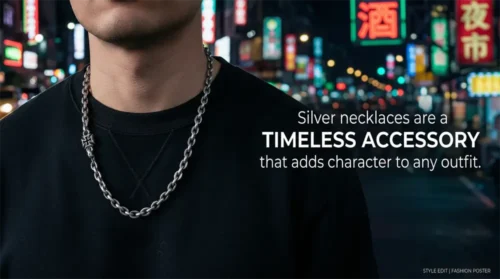 请为我上传的图片制作成一幅横版的海报图片,图片内容是:Silver necklaces are a timeless accessory that adds character to any outfit.