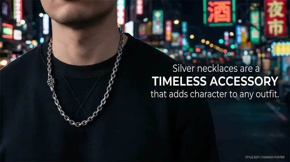 请为我上传的图片制作成一幅横版的海报图片，图片内容是：Silver necklaces are a timeless accessory that adds character to any outfit.