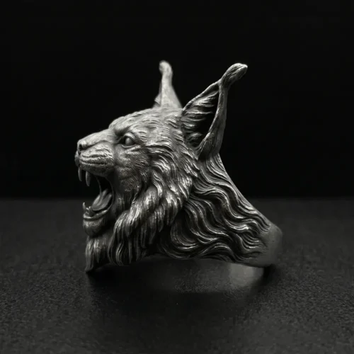 Handcrafted 925 Sterling Silver Lynx Ring, Gothic Bobcat Men's Ring, Dark Fantasy Animal Jewelry, Heavy Biker Ring, Unique Wildcat Gift for Him