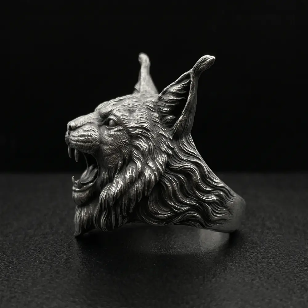 Handcrafted 925 Sterling Silver Lynx Ring, Gothic Bobcat Men's Ring, Dark Fantasy Animal Jewelry, Heavy Biker Ring, Unique Wildcat Gift for Him