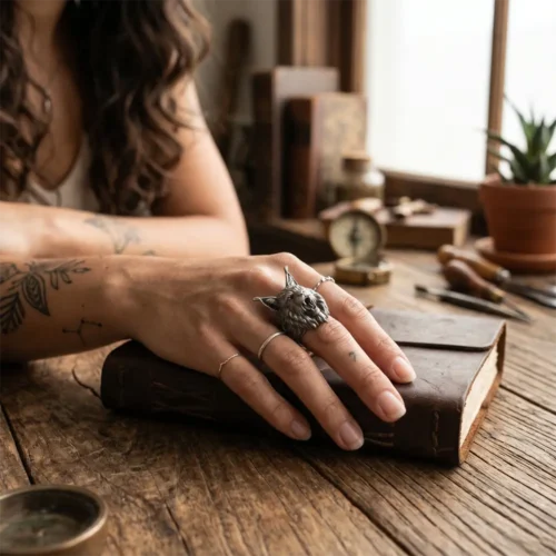 Handcrafted 925 Sterling Silver Lynx Ring, Gothic Bobcat Men's Ring, Dark Fantasy Animal Jewelry, Heavy Biker Ring, Unique Wildcat Gift for Him