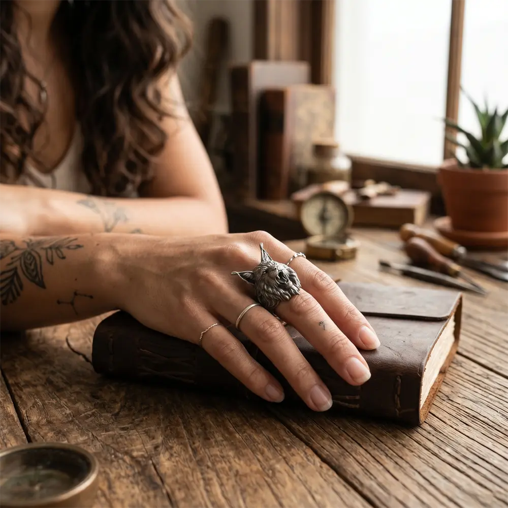 Handcrafted 925 Sterling Silver Lynx Ring, Gothic Bobcat Men's Ring, Dark Fantasy Animal Jewelry, Heavy Biker Ring, Unique Wildcat Gift for Him