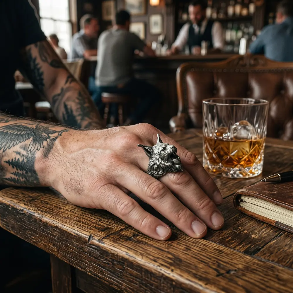 Handcrafted 925 Sterling Silver Lynx Ring, Gothic Bobcat Men's Ring, Dark Fantasy Animal Jewelry, Heavy Biker Ring, Unique Wildcat Gift for Him