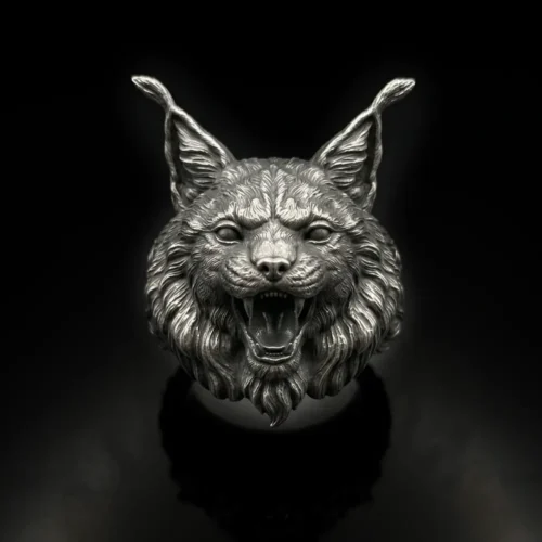 Handcrafted 925 Sterling Silver Lynx Ring, Gothic Bobcat Men's Ring, Dark Fantasy Animal Jewelry, Heavy Biker Ring, Unique Wildcat Gift for Him