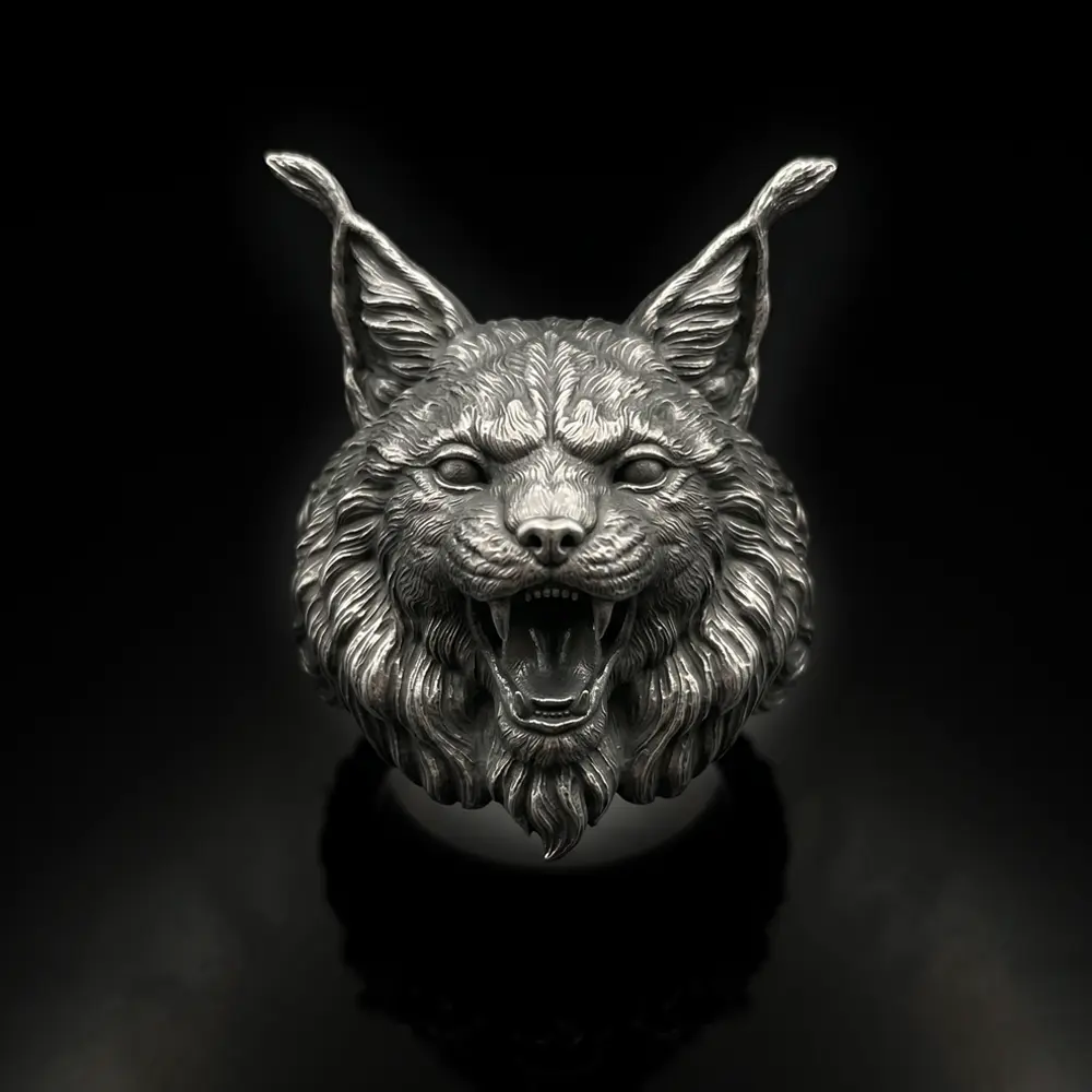 Handcrafted 925 Sterling Silver Lynx Ring, Gothic Bobcat Men's Ring, Dark Fantasy Animal Jewelry, Heavy Biker Ring, Unique Wildcat Gift for Him