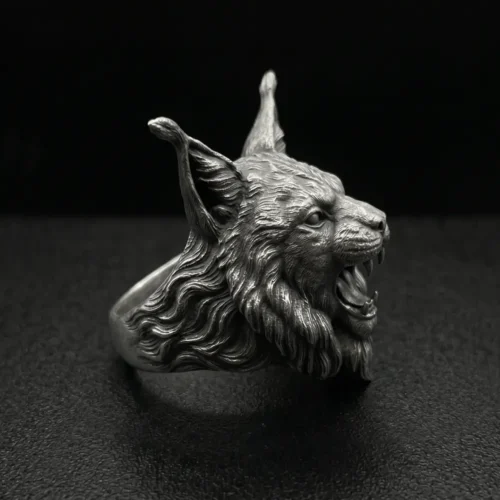 Handcrafted 925 Sterling Silver Lynx Ring, Gothic Bobcat Men's Ring, Dark Fantasy Animal Jewelry, Heavy Biker Ring, Unique Wildcat Gift for Him