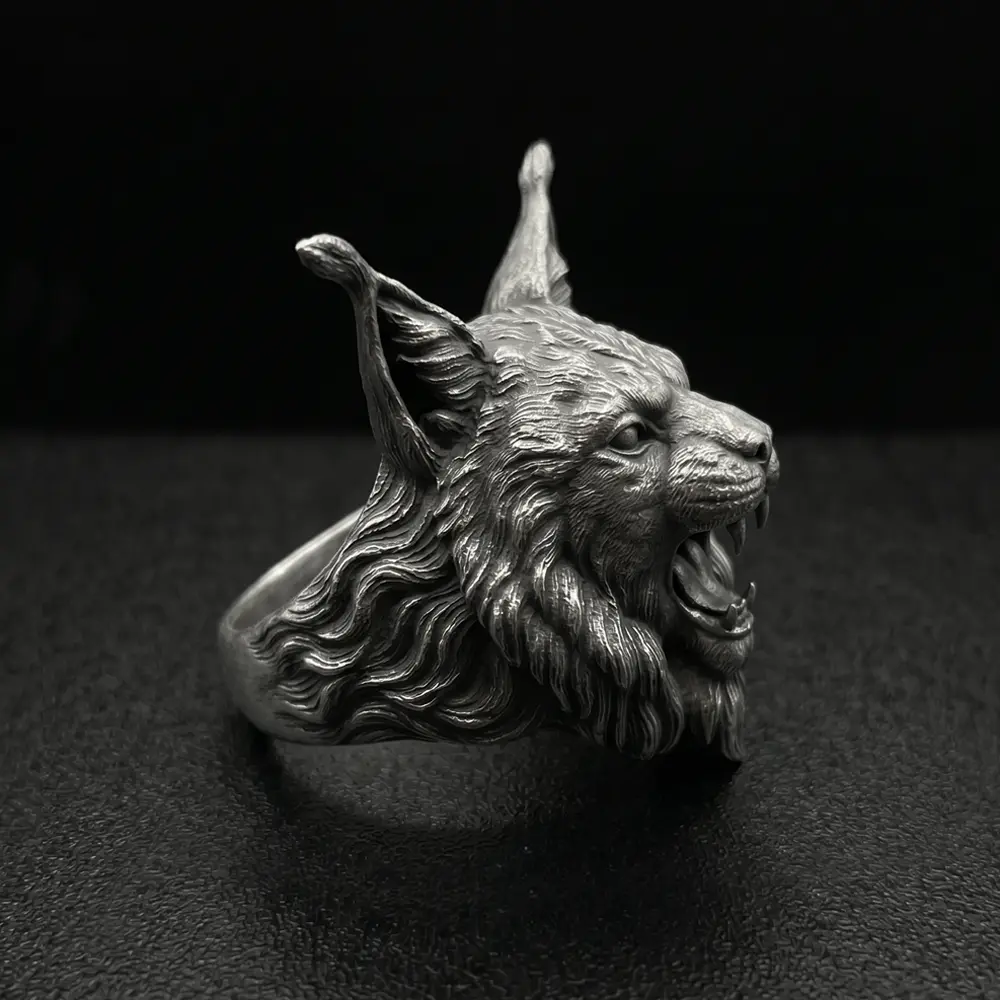 Handcrafted 925 Sterling Silver Lynx Ring, Gothic Bobcat Men's Ring, Dark Fantasy Animal Jewelry, Heavy Biker Ring, Unique Wildcat Gift for Him