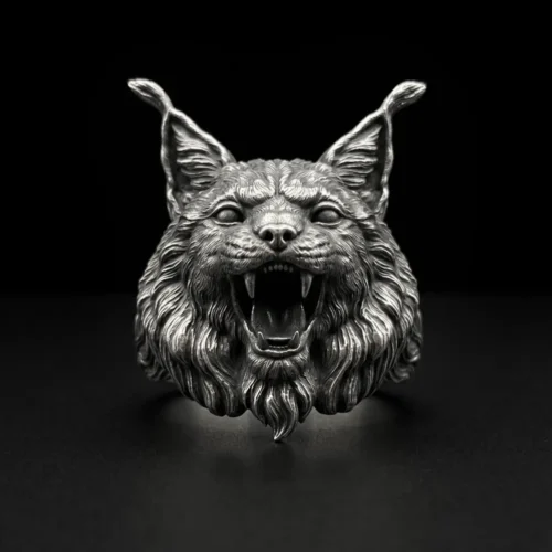 Handcrafted 925 Sterling Silver Lynx Ring, Gothic Bobcat Men's Ring, Dark Fantasy Animal Jewelry, Heavy Biker Ring, Unique Wildcat Gift for Him