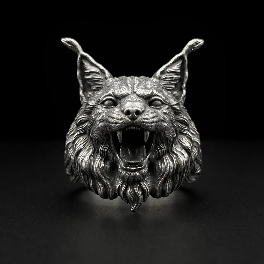 Handcrafted 925 Sterling Silver Lynx Ring, Gothic Bobcat Men's Ring, Dark Fantasy Animal Jewelry, Heavy Biker Ring, Unique Wildcat Gift for Him