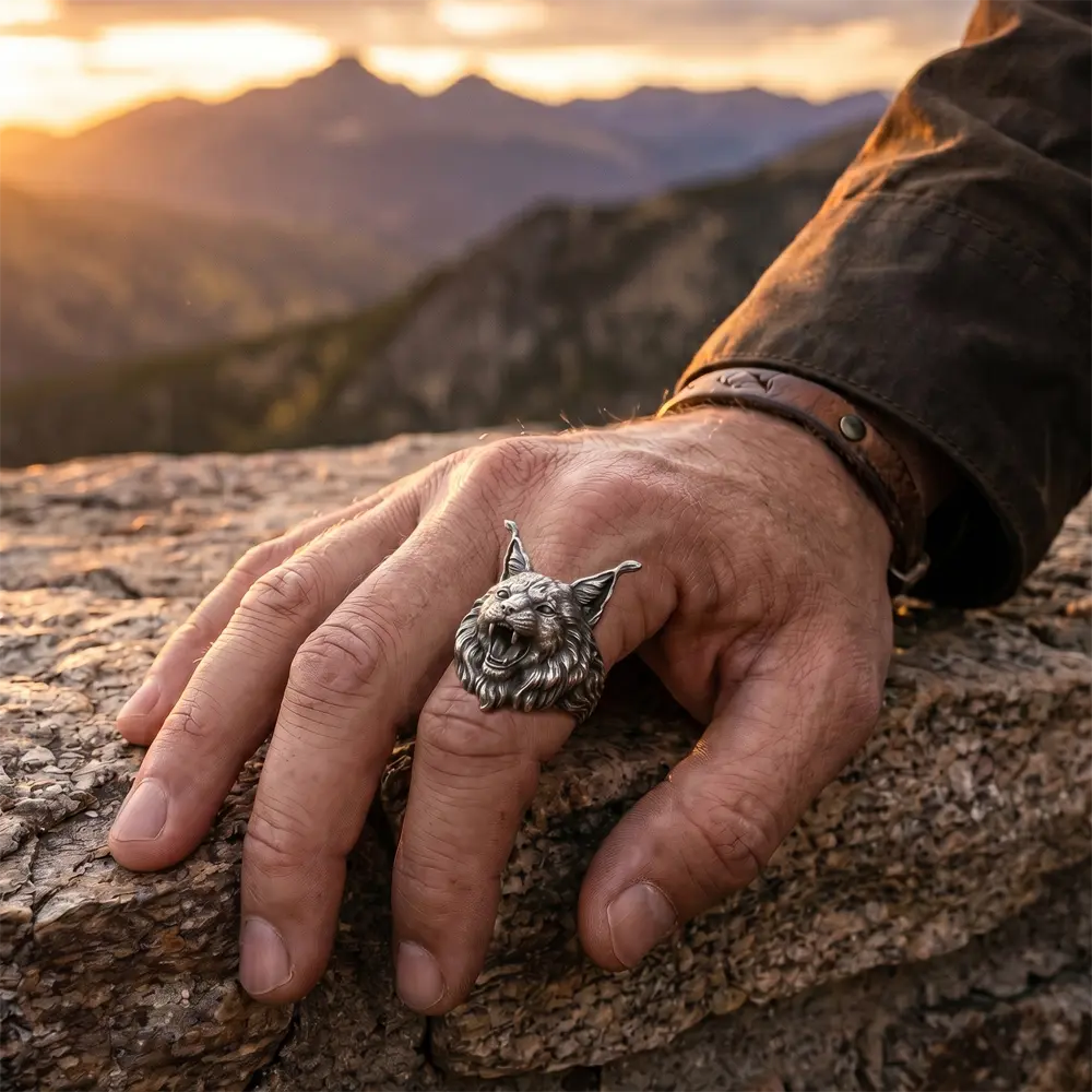 Handcrafted 925 Sterling Silver Lynx Ring, Gothic Bobcat Men's Ring, Dark Fantasy Animal Jewelry, Heavy Biker Ring, Unique Wildcat Gift for Him