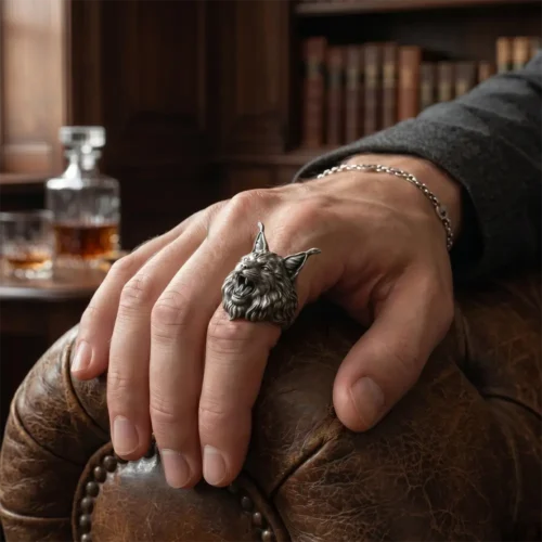 Handcrafted 925 Sterling Silver Lynx Ring, Gothic Bobcat Men's Ring, Dark Fantasy Animal Jewelry, Heavy Biker Ring, Unique Wildcat Gift for Him