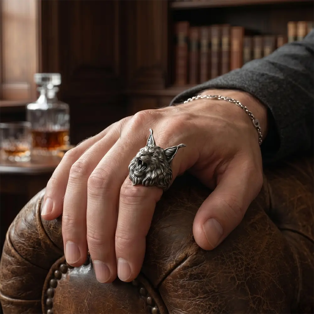 Handcrafted 925 Sterling Silver Lynx Ring, Gothic Bobcat Men's Ring, Dark Fantasy Animal Jewelry, Heavy Biker Ring, Unique Wildcat Gift for Him