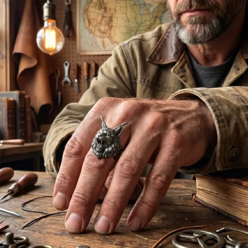 Handcrafted 925 Sterling Silver Lynx Ring, Gothic Bobcat Men's Ring, Dark Fantasy Animal Jewelry, Heavy Biker Ring, Unique Wildcat Gift for Him