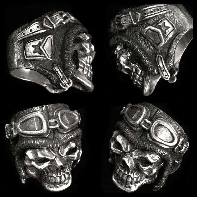 Pilot Skull Silver Ring - Heavy 925 Sterling - Image 4