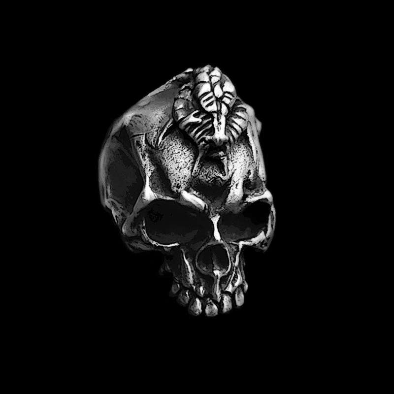 Python snake coiled around a 925 silver skull ring