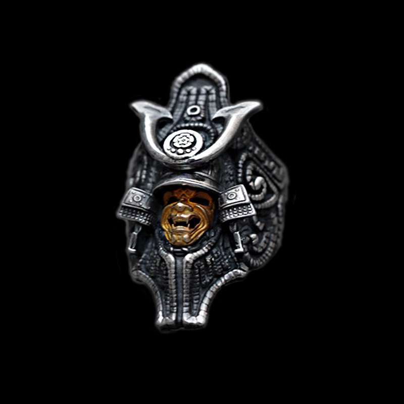 Sculpted silver warrior mask ring for men