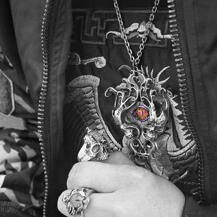 Eye of Time Skull Inlaid Glazed Eyes - 925 Silver Pendant Necklace for Men - Image 4