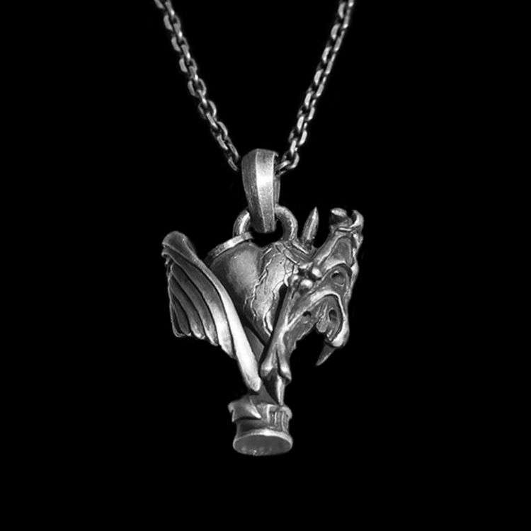 Winged dragon head pendant in sterling silver