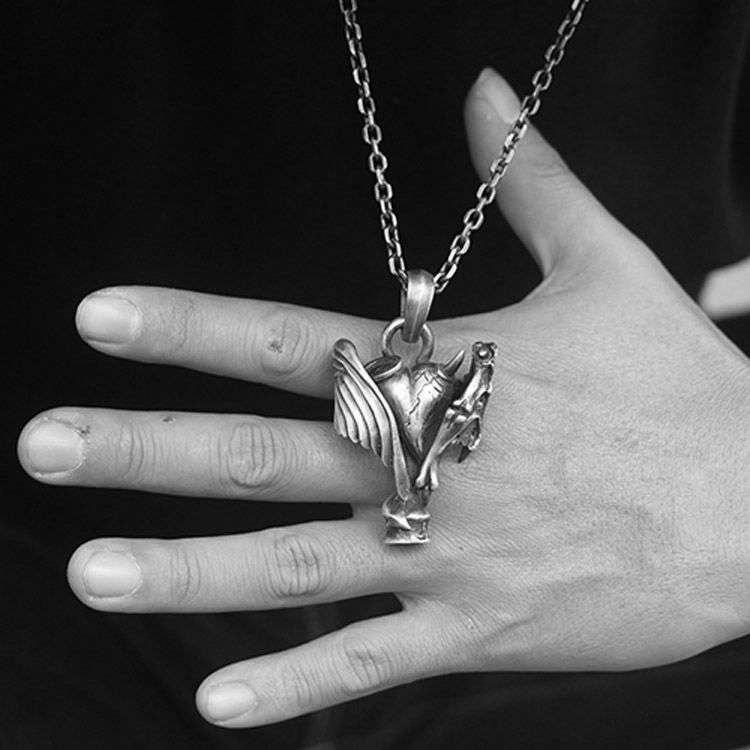 Winged Dragon Head Pendant - 925 Sterling Silver Necklace - Image 2