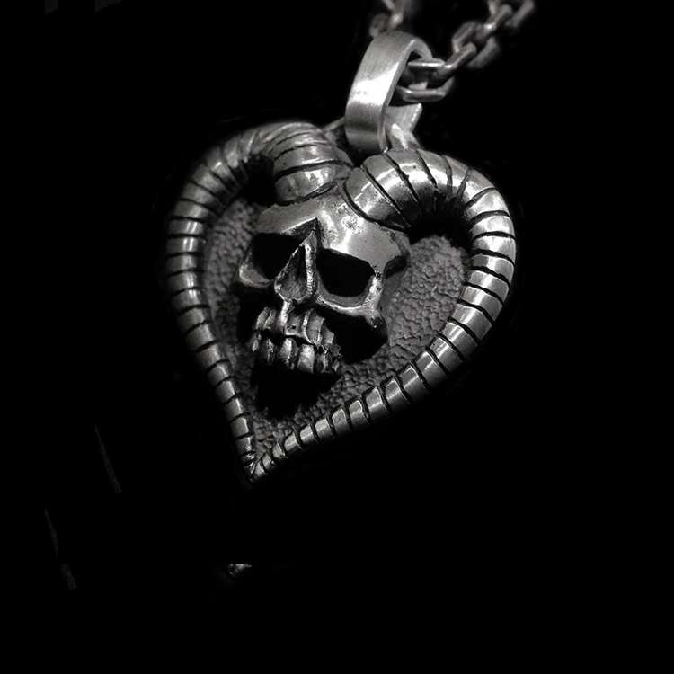 Heart Shaped Skull Goat Horn - 925 Silver Pendant Necklace for Men - Image 2
