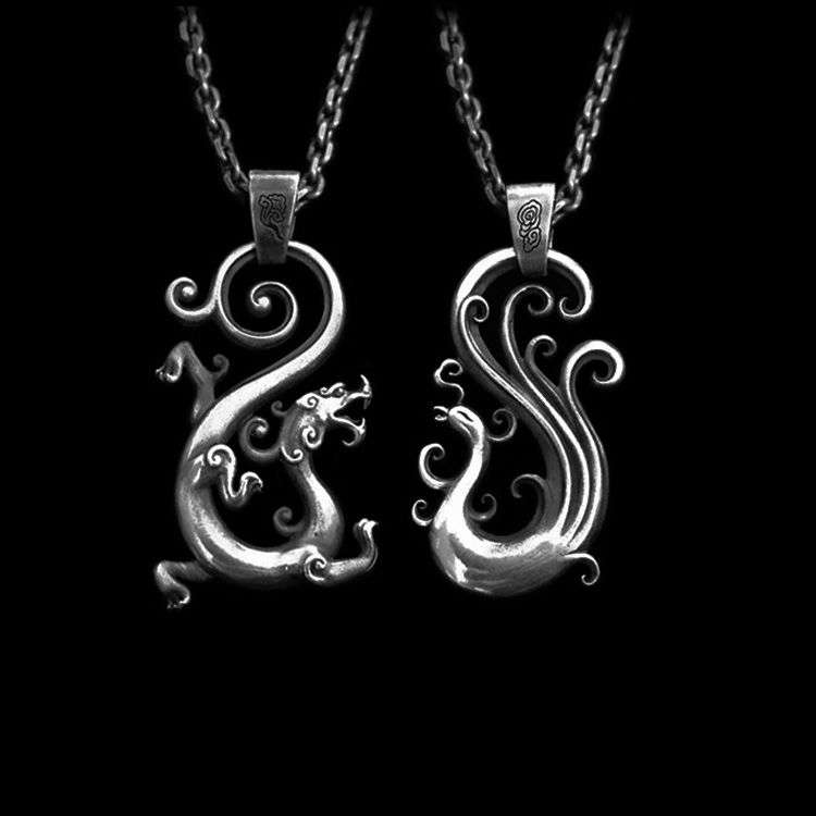 Dragon and phoenix 925 silver pendant necklace for men