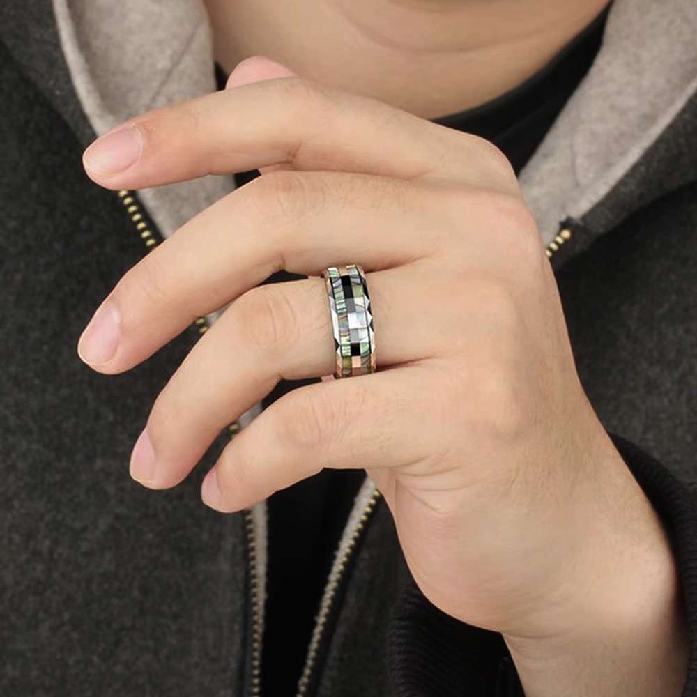 Abalone Shell Tungsten Ring - Colorful Mens Band - product gallery image 8