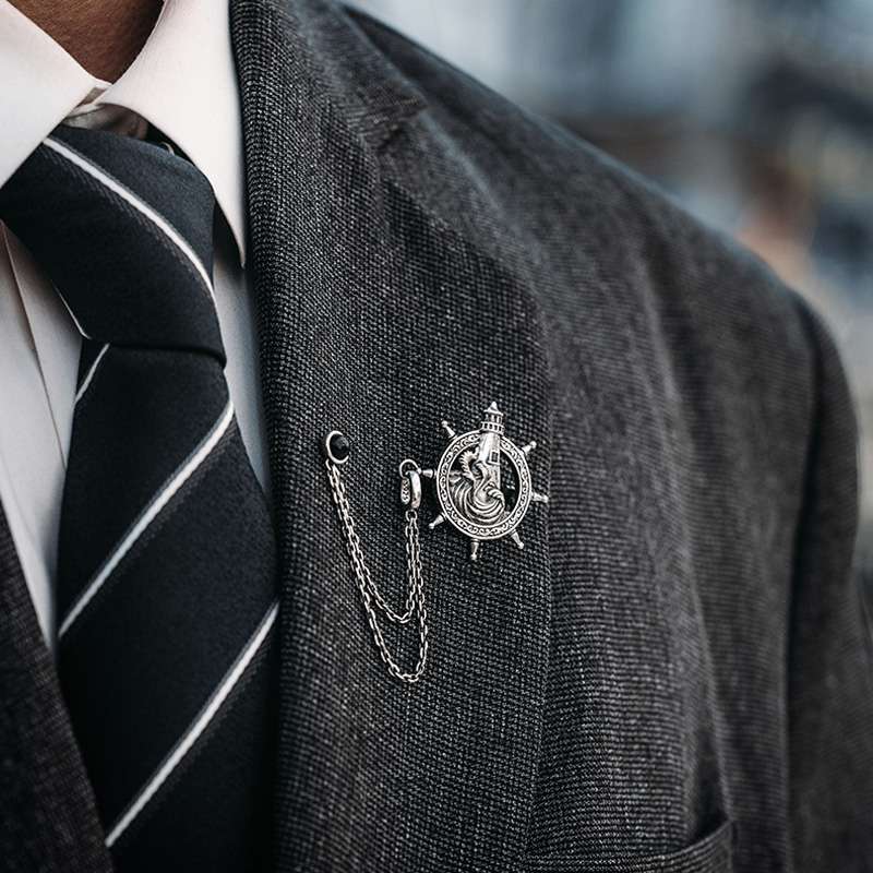 Rudder Brooch for Men - 925 Silver Nautical Lapel Pin - Image 2
