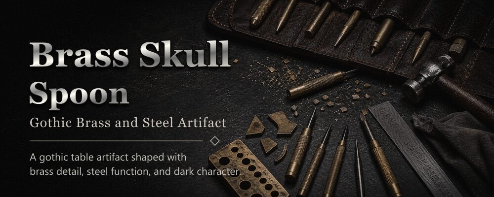 brass skull spoon brass, red copper, and stainless steel metalsmith tools workshop banner