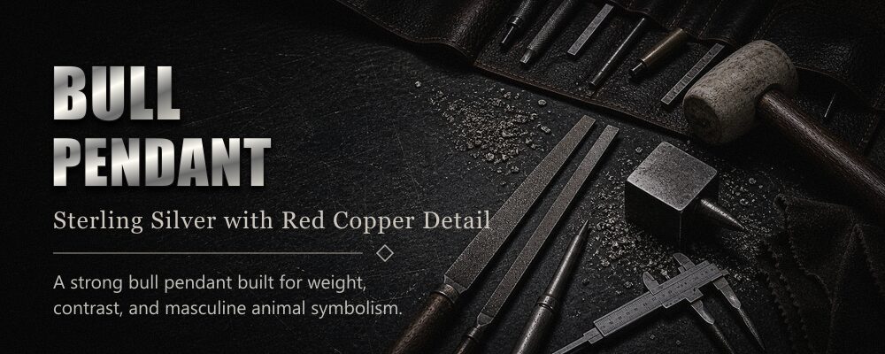 bull pendant 92.5% sterling silver with red copper detail silversmith tools workshop banner