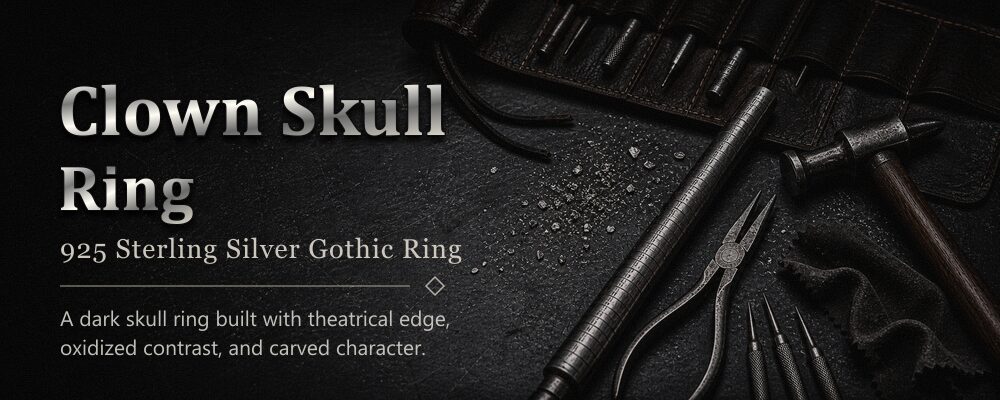 clown skull ring 925 sterling silver silversmith tools workshop banner