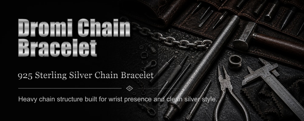 Dromi Chain Bracelet 925 sterling silver chain bracelet dark silversmith tools banner