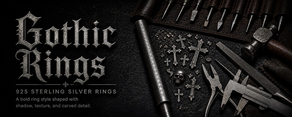 Sterling silver gothic rings with traditional jewelry making tools