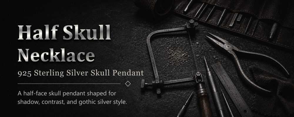 half skull necklace 92.5% sterling silver with brass accent option silversmith tools workshop banner