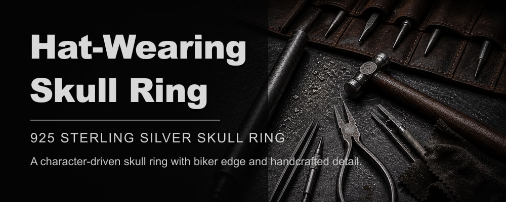 Hat-Wearing Skull Ring 925 sterling silver skull ring dark silversmith tools banner