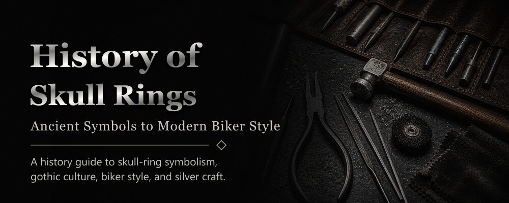 history of skull rings guide featured image with silver jewelry workshop tools