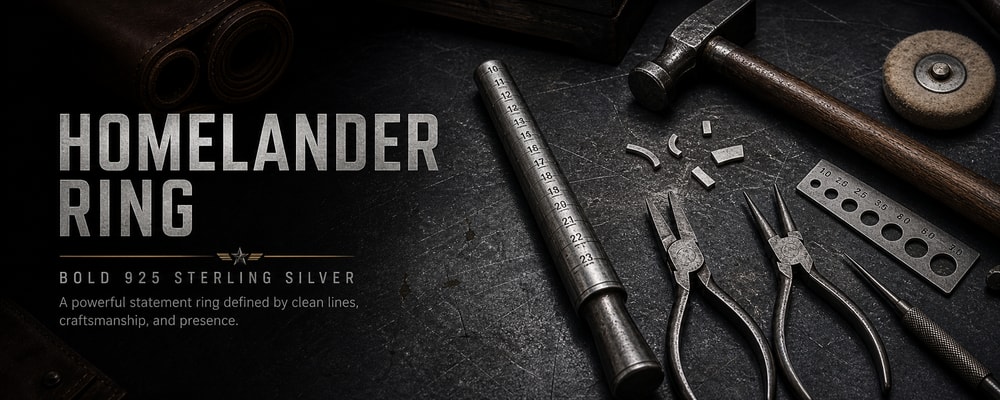 Homelander Ring silver jewelry workshop banner with mandrel hammer pliers gauge plate and polishing wheel
