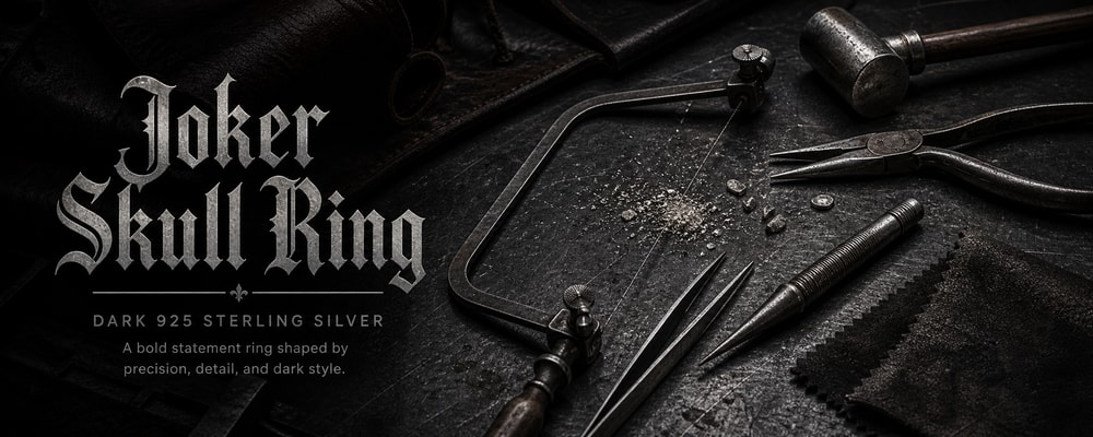 Joker Skull Ring dark silver jewelry tools banner with saw frame hammer pliers tweezers and polishing cloth