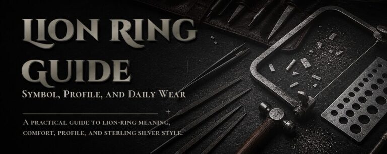 Lion ring guide with forged silver typography and dark jewelry workshop tools
