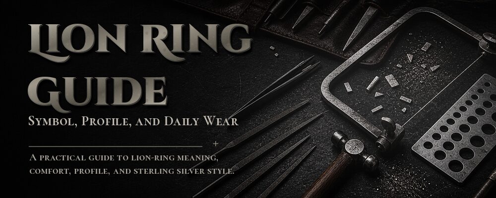 Lion ring guide with forged silver typography and dark jewelry workshop tools