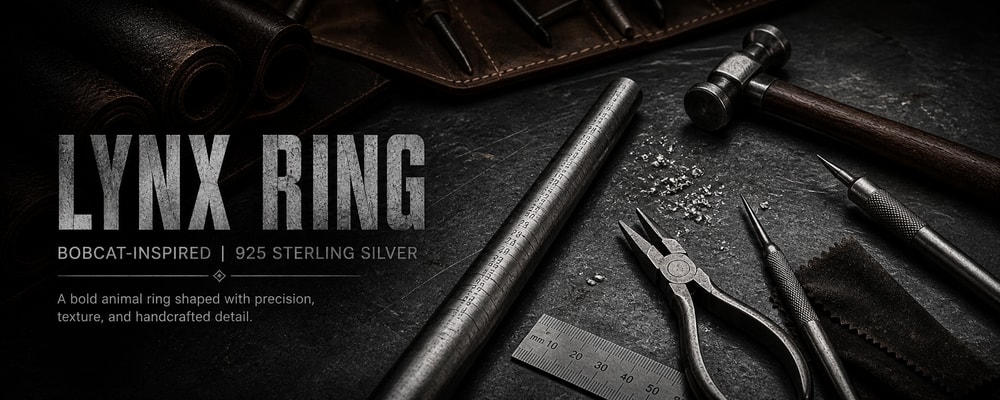 Lynx Ring silver jewelry making tools banner with ring mandrel hammer pliers ruler leather rolls and bench tools