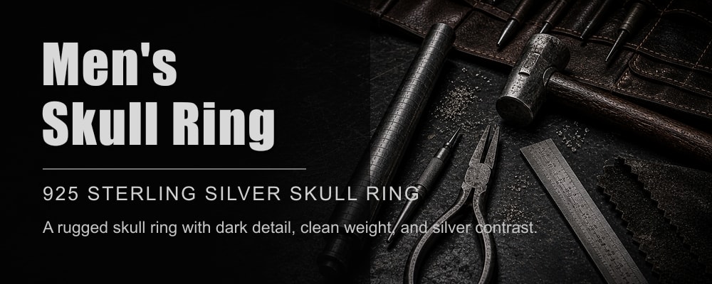 Men's Skull Ring 925 sterling silver skull ring dark silversmith tools banner