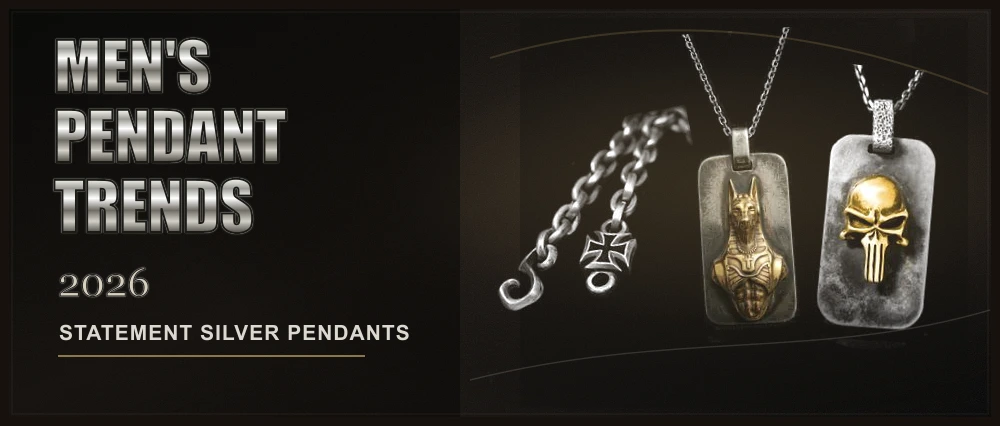 Men’s pendant trends 2026 featuring statement silver pendants from MENSSKULL