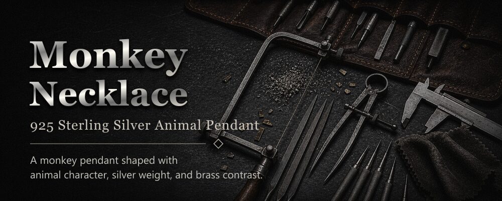 monkey necklace 92.5% sterling silver with brass headpiece metalsmith tools workshop banner