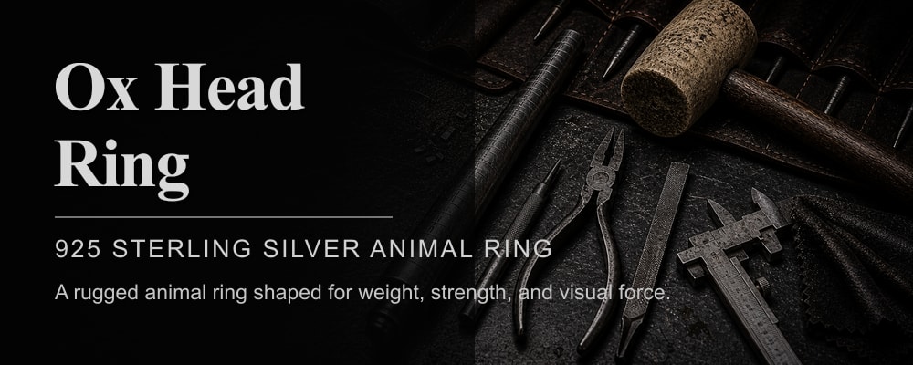 Ox Head Ring 925 sterling silver animal ring dark silversmith tools banner