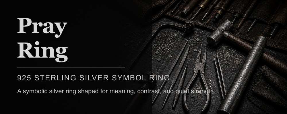 Pray Ring 925 sterling silver symbolic ring dark silversmith tools banner