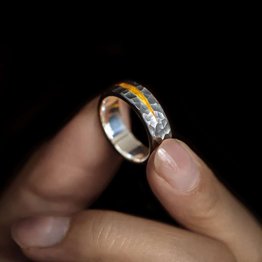 Hammered Gold Inlay Promise Rings - 925 Silver Couple Rings - Image 5