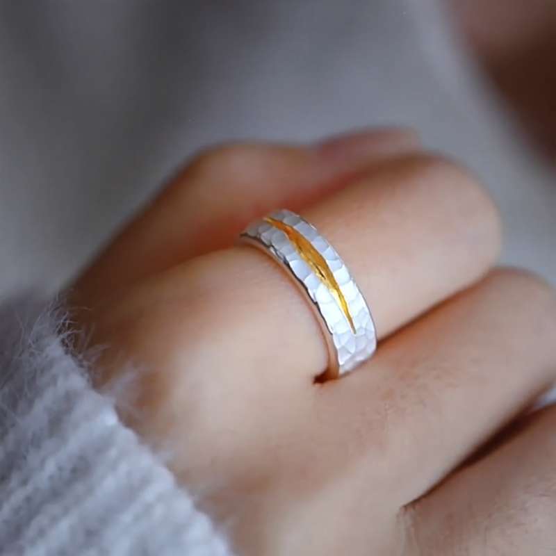 Hammered Gold Inlay Promise Rings - 925 Silver Couple Rings - Image 6