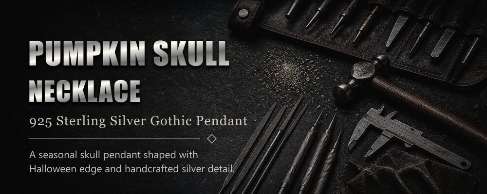 pumpkin skull necklace 925 sterling silver silversmith tools workshop banner