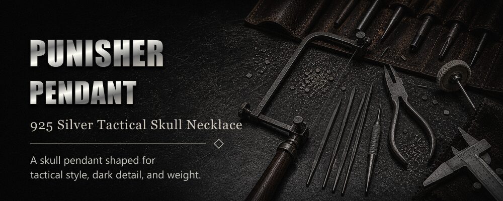 Punisher inspired pendant 925 sterling silver metalsmith tools workshop banner